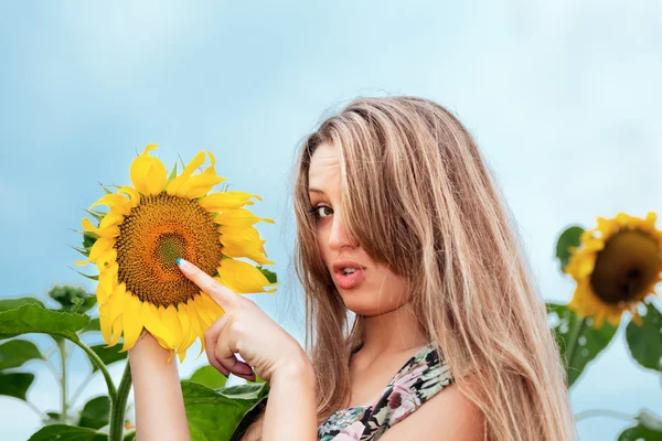 Schöne Frau zwischen Sonnenblumen — Stockfoto