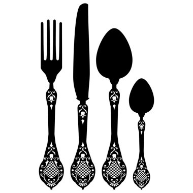 Retro vector silhouette of knife, fork, spoon and spork clipart