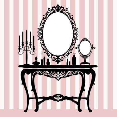 Retro dressing console, candelabra and mirror clipart