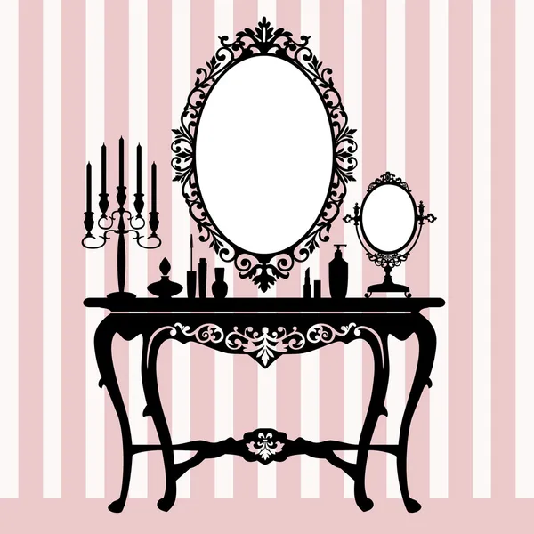 Console de dressing rétro, candélabre et miroir — Image vectorielle