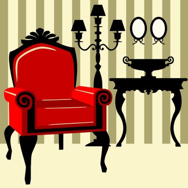Antique interior with red armchair clipart