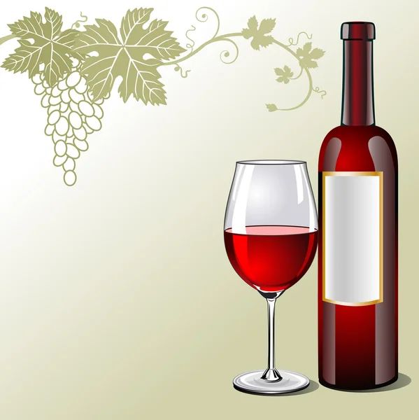 Sklenici červeného vína s lahví a hrozny — Stockový vektor