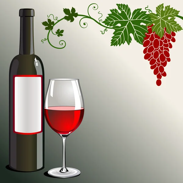 Glas rött vin med flaska och druvor på gröna — Stock vektor