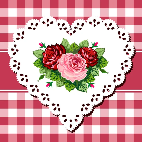 Ramo de rosas vintage en corazón de encaje — Vector de stock