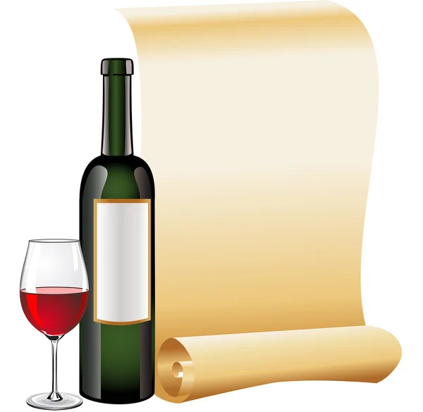 Pohár vörös bor, üveg és a régi lapozzunk papír — Stock Vector