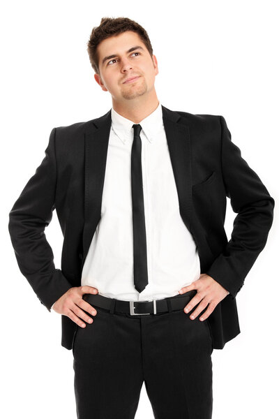 A picture of a confident businessman standing over white background