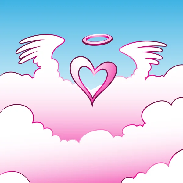 Corazón de ángel sobre las nubes — Vector de stock