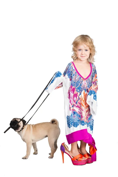 Chica bonita en el vestido de mamá mantenga el perro aislado en blanco —  Fotos de Stock