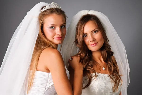Two pretty brides wearing wedding dresses and veils — Stock Photo, Image
