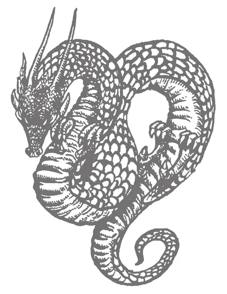 Dragão Oriental Desenho de tinta de estilo antigo — Vetor de Stock