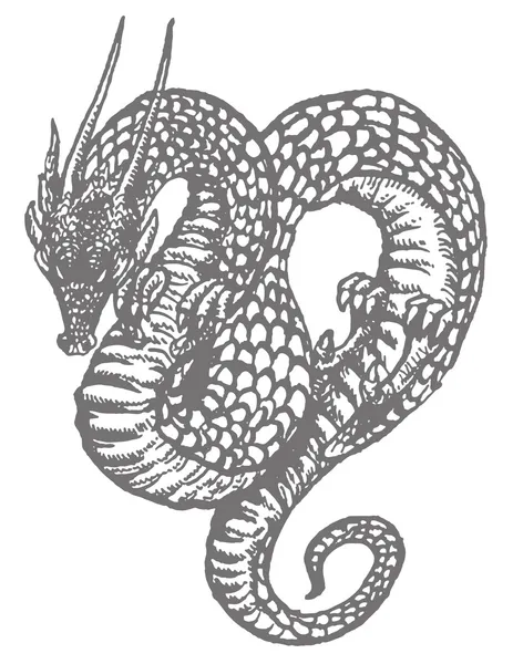 Восточный дракон, рисунок чернил в старом стиле — стоковый вектор
