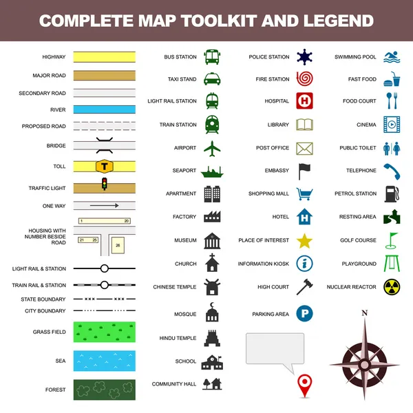 Mapa icono leyenda símbolo signo conjunto de herramientas elemento — Archivo Imágenes Vectoriales
