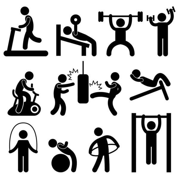 Muž atletické tělocvična gymnázia tělo cvičení cvičení piktogram — Stockový vektor