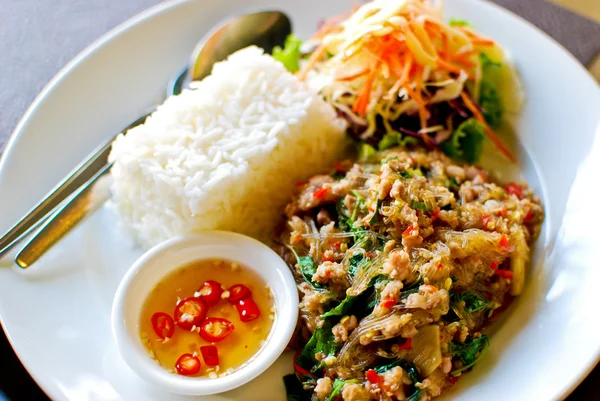 Maiale fritto speziato in stile tailandese con riso — Foto Stock