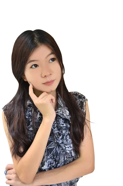 Mulher asiática pensando no fundo branco — Fotografia de Stock