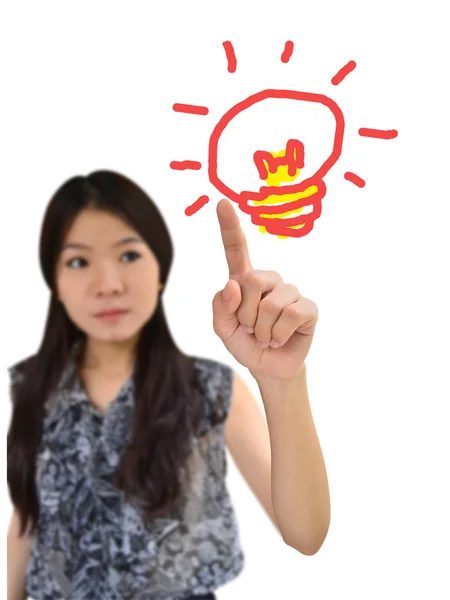 Portrait of asian woman drawing light bulb of idea — Stock Photo, Image