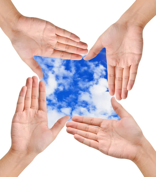 Forma del marco que forma la mano en el cielo azul — Foto de Stock