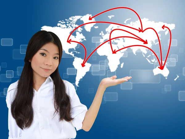 Affärskvinna och världen karta nätverk — Stockfoto