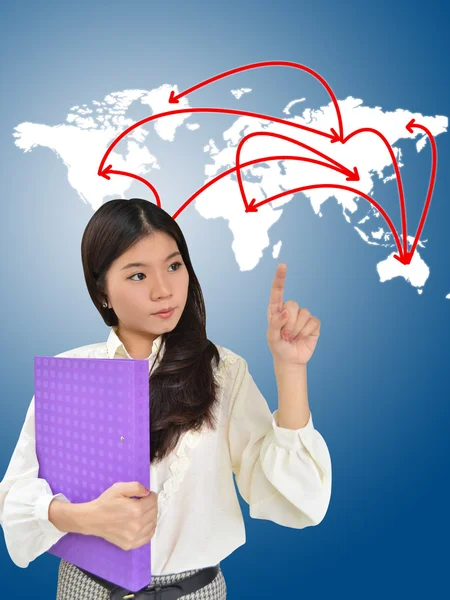 Business woman and world map network — Stock Photo, Image