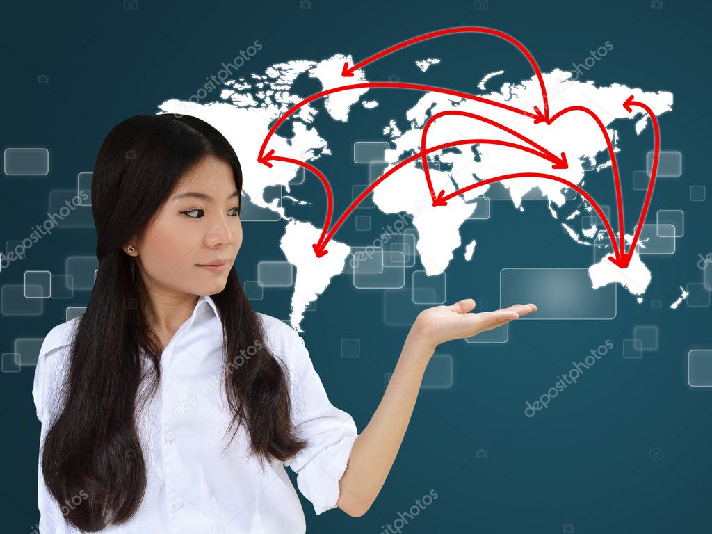 Business woman and world map network
