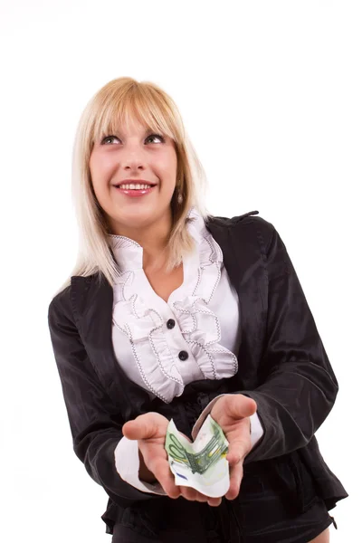 Happy young female holding cash — Stock Photo, Image