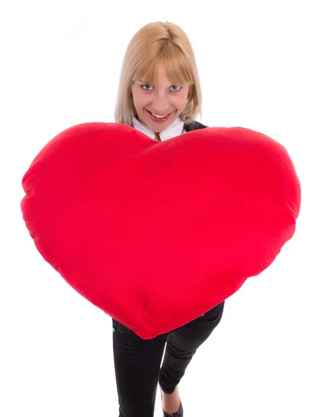 Vacker kvinna med rött hjärta — Stockfoto
