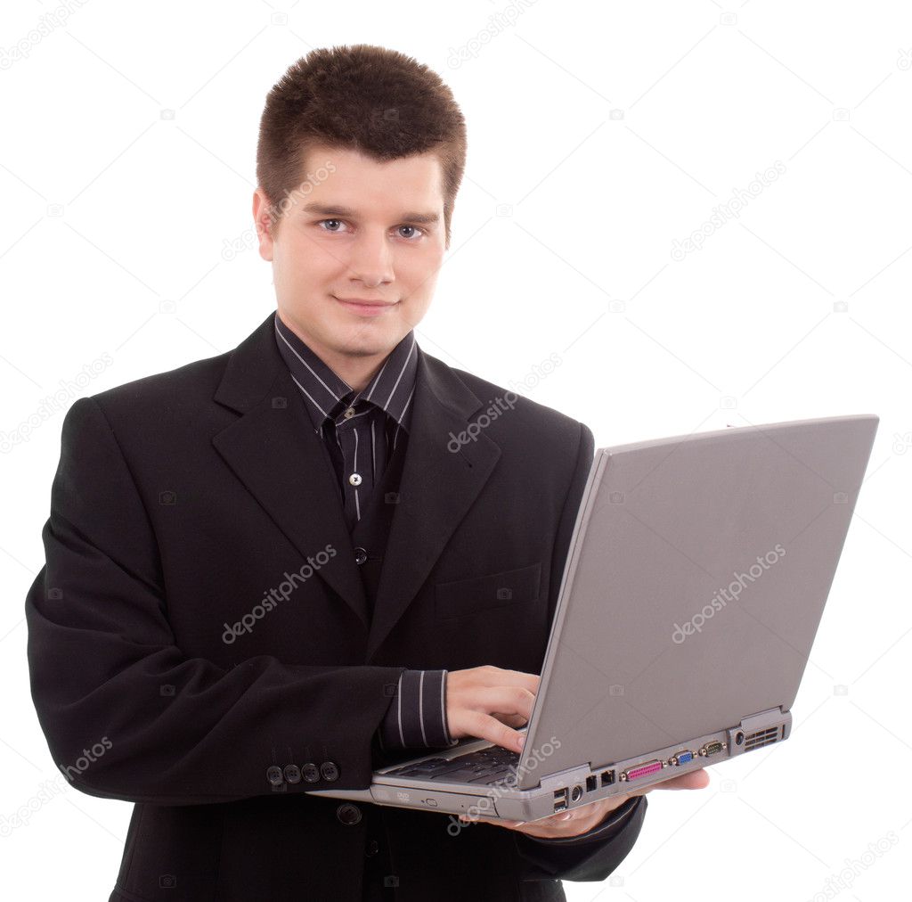 Happy business man holding laptop on white