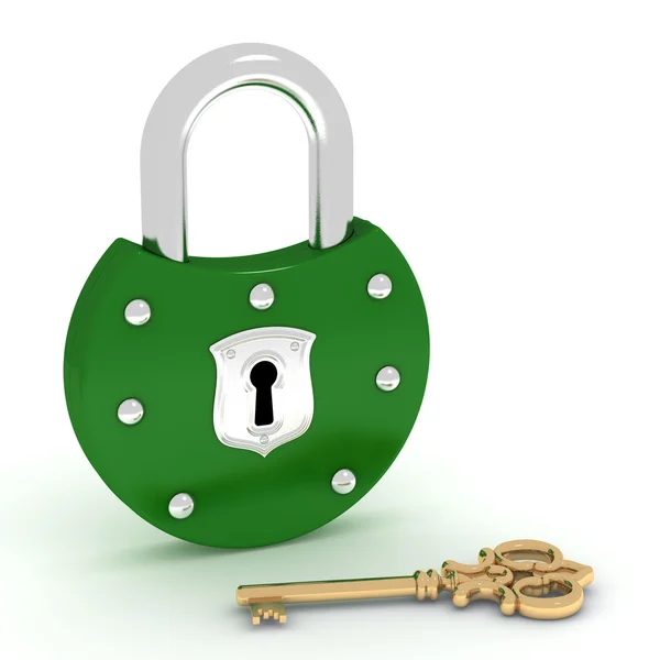 旧绿色挂锁和金钥匙 — 图库照片