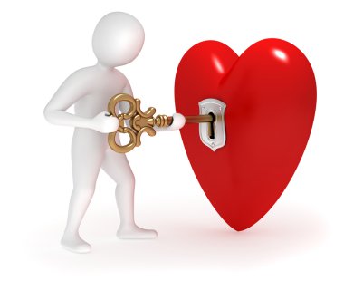 3d man opening heart with gold key clipart