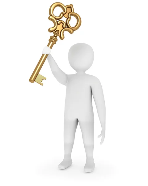 3d homem mostrando chave dourada — Fotografia de Stock