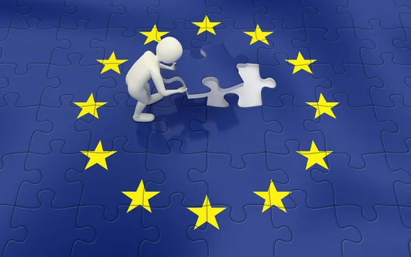 3d man finalizing European Union flag puzzle — Stock Photo, Image