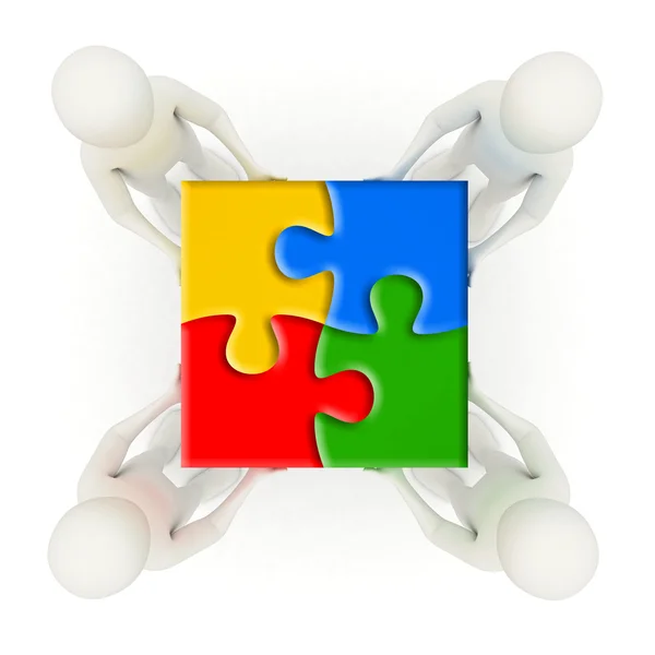 3d men holding assembled jigsaw puzzle pieces — Stock Photo, Image