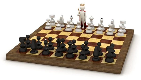 3D άνθρωπος στην σκακιέρα ως βασιλιάς — Φωτογραφία Αρχείου