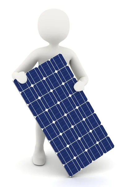 3d homem branco segurando painel solar — Fotografia de Stock