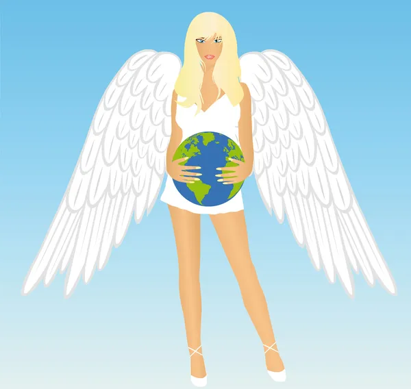 女孩与地球的天使 — 图库矢量图片