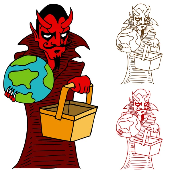 Diabo levando o mundo para o inferno em um Handbasket — Vetor de Stock