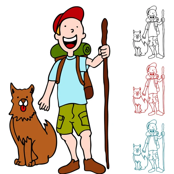Homme Randonnée avec chien — Image vectorielle