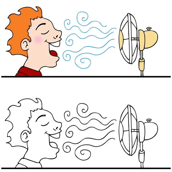 Man Cooling Off Using An Electric Fan — Stock Vector