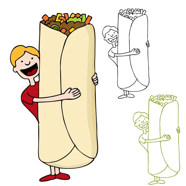 Uomo con in mano Burrito gigante — Vettoriale Stock