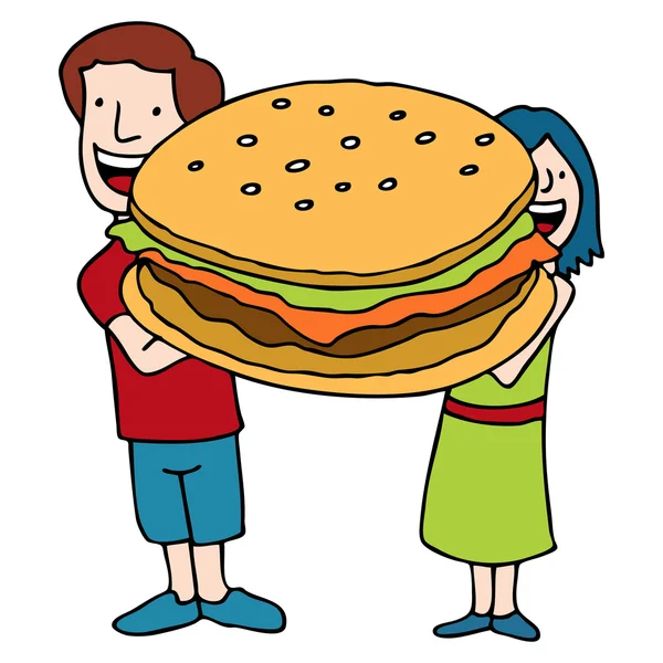 巨大な大きさで分類されたハンバーガーをつなぐ子どもたち — ストックベクタ