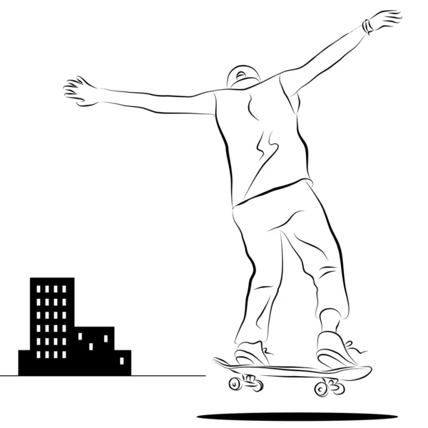 Ciudad skate jinete línea dibujo — Vector de stock
