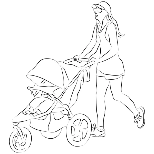 Mom Pusing Baby Stroller — Stock Vector