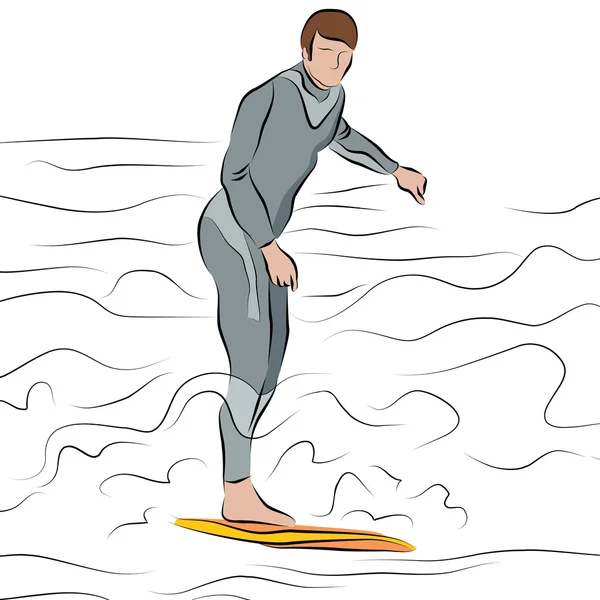 남자 서핑 서핑 보드 라인 드로잉에 — 스톡 벡터