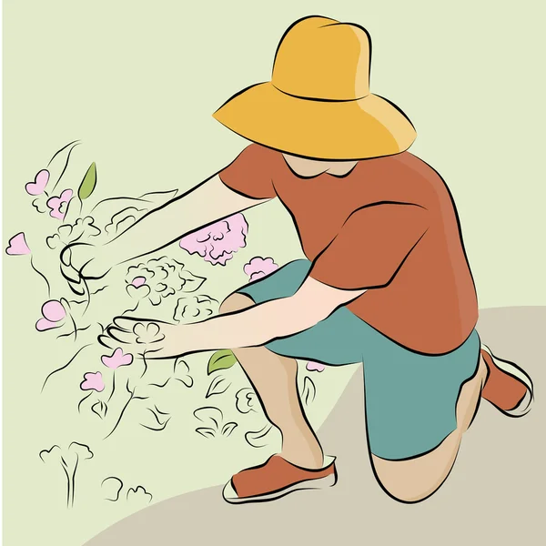 Man Pruning Flower Garden Line Drawing — Stock Vector