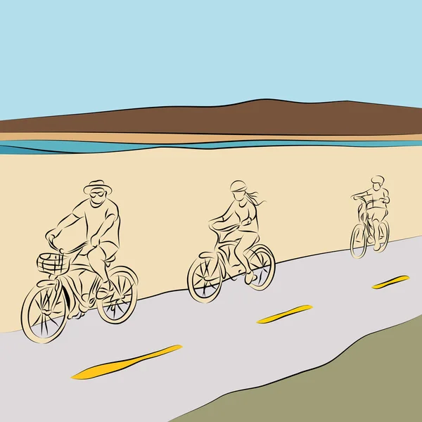 Bicicletas familiares na praia — Vetor de Stock