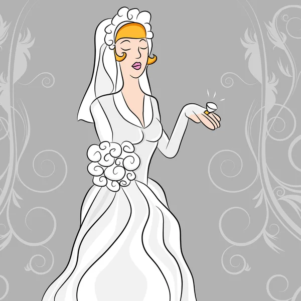 Braut blickt auf ihren diamantenen Hochzeitsflügel. — Stockvektor