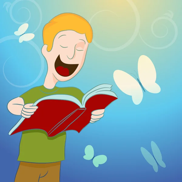 Barn som läser boken omgiven av fjärilar — Stock vektor