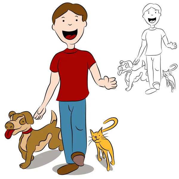 Hombre caminando con sus mascotas en el parque — Vector de stock