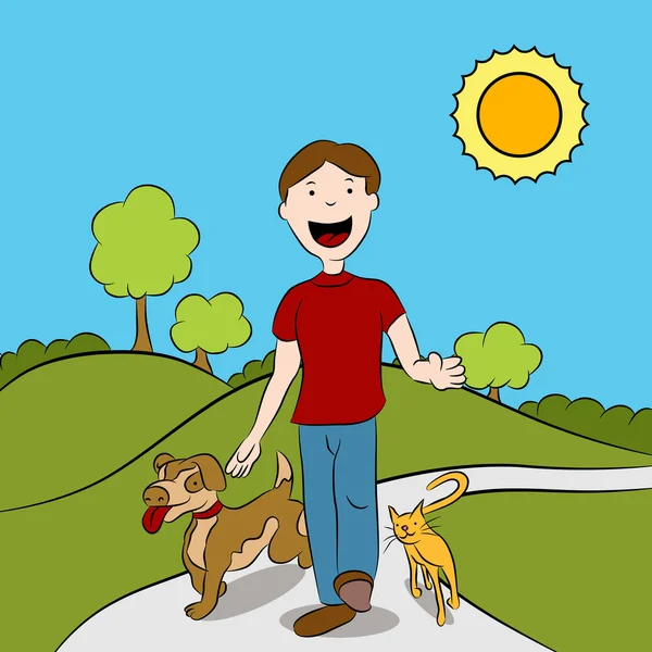 Человек, гуляющий со своими домашними животными в парке — стоковый вектор