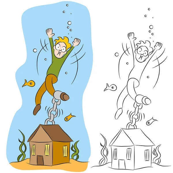 Muž, připoutaný k jeho domu pod vodou — Stockový vektor
